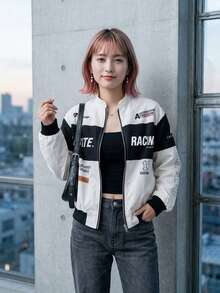 StreetHx Petite 字母印花對比色落肩飛行員夾克，新年女裝，秋冬女款，適合嬌小女性 - 杏色 - 查看 3