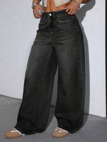 SHEIN Teen Girl Casual Versatile Daily Wear Denim Jeans With Pockets And Buttons - Black - View 4