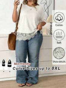 SHEIN CURVE+ 大尺碼女款黑色棉混紡蕾絲下擺短袖圓領休閒上衣，舒適黑色棉質蕾絲飾邊T恤，時尚短袖圓領上衣，優雅黑色蕾絲下擺棉混紡女款休閒合身短袖日常上衣，情人節蕾絲飾邊棉質上衣，春季夏季女款新年派對黑色上衣 - 杏色 - 查看 1