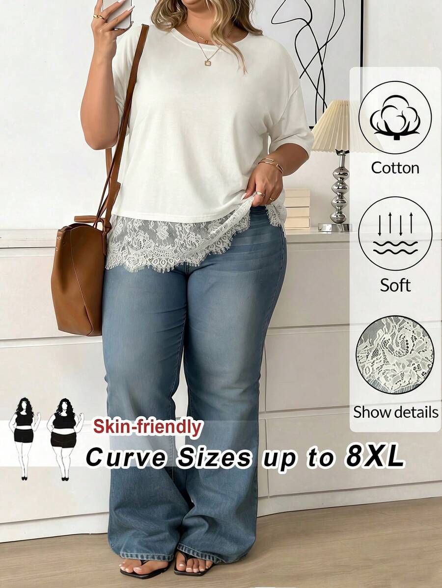 SHEIN CURVE+ 大尺碼女款黑色棉混紡蕾絲下擺短袖圓領休閒上衣,舒適黑色棉質蕾絲飾邊T恤,時尚短袖圓領上衣,優雅黑色蕾絲下擺棉混紡女款休閒合身短袖日常上衣,情人節蕾絲飾邊棉質上衣,春季夏季女款新年派對黑色上衣 - 杏色 - 查看 1