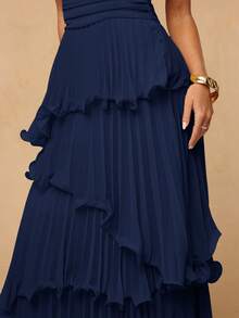 SHEIN BAE Vestido elegante de primavera/verano amarillo liso sin tirantes con volantes multicapa y plisado - Azul Marino - Ver 7