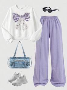 Tween Girl Tween Girl Tween Girls Crew Neck Drop Shoulder Sweatshirt Straight Leg Pants 2pcs Set School Birthday Birthday Purple Autumn Racing Cowboy Racing - Multicolor - View 3