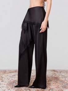 SHEIN x Luisa Sonza PRISCILA ESCOTO PRISCILA ESCOTO 2026 New Arrive Minimalism Spring/Summer Women's Lace Patchwork Ruffle Hem Casual Versatile Commuting Wide Leg Wide Leg Pants Lace Trim Pants Black - Black - View 4