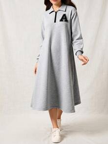 SHEIN Teen Girl Casual Daily Sports Letter Graphic Half-Zip Front Sweatshirt Dress, Spring/Autumn Fall Winter - Grey - View 1