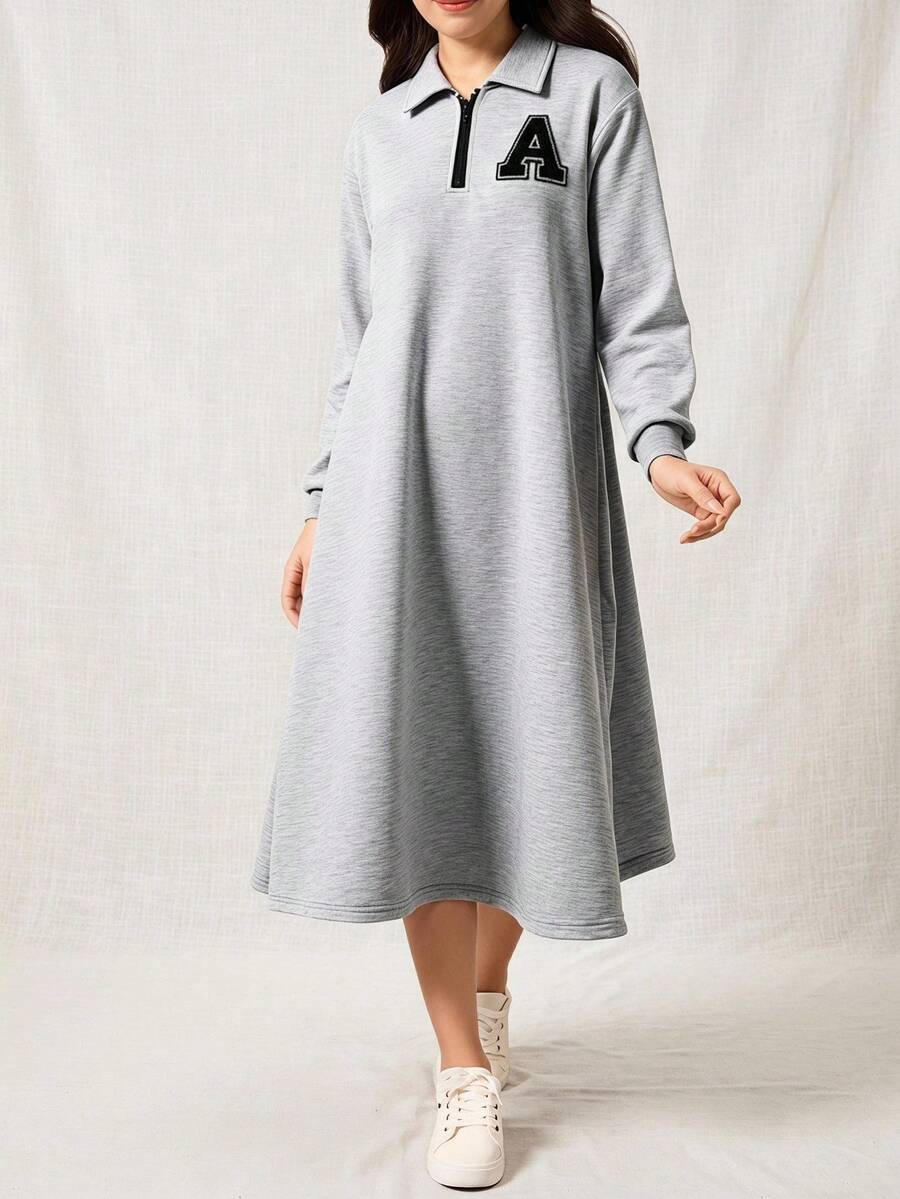 SHEIN Teen Girl Casual Daily Sports Letter Graphic Half-Zip Front Sweatshirt Dress, Spring/Autumn Fall Winter - Grey - View 1