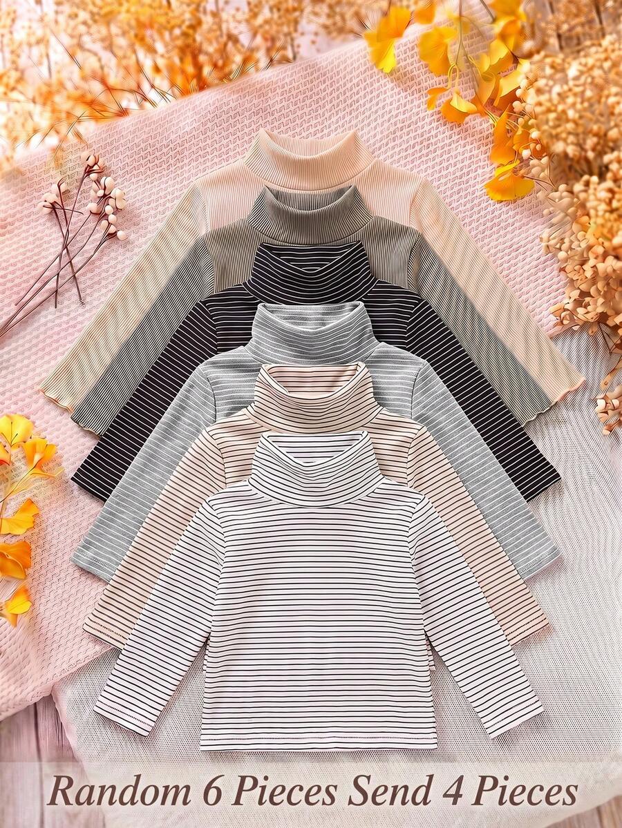 SHEIN 4pcs Baby Girl High Neck Striped Thick Composite Material Loose Versatile Base Layer Tops Suitable For Winter - Multicolor - View 1