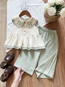 SHEIN 2-Piece Baby Girl Casual Floral Embroidered Lapel Sleeveless Top And Pants Set Suitable For Spring And Summer, Outdoor Travel Daily Wear - Green - View 1