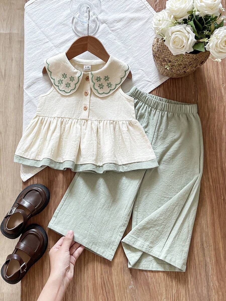 SHEIN 2-Piece Baby Girl Casual Floral Embroidered Lapel Sleeveless Top And Pants Set Suitable For Spring And Summer, Outdoor Travel Daily Wear - Green - View 1