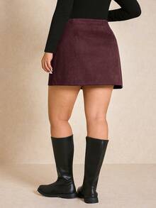 Elaquor Plus Size Elegant Commuter Solid Color Skirt Fall - Burgundy - View 2