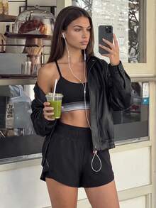 SHEIN Sports 女式松紧腰圆点印花宽松休闲短裤 - 黑色 - 查看 7