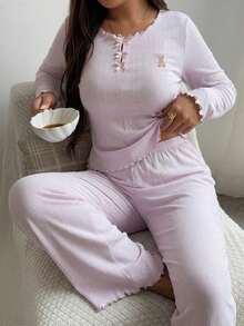 Dazy Plus Cartoon Print Bow Long Sleeve Top & Pink Long Pants 2-Piece Pajama Set, Spring/Autumn - Pink - View 4