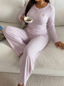 Dazy Plus Cartoon Print Bow Long Sleeve Top & Pink Long Pants 2-Piece Pajama Set, Spring/Autumn - Pink - View 6
