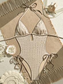 Swim Vcay 2026 New Spring/Summer Women's Vintage Maillard Brown Textured One-Piece Swimsuit, Triangle Halter Neck Design With Hollow Chest And Metal Pendant, Adjustable Side Ties, Wavy Textured Fabric, Elegant Casual Beach Vacation One-Piece Swimsuit - Brown - View 3