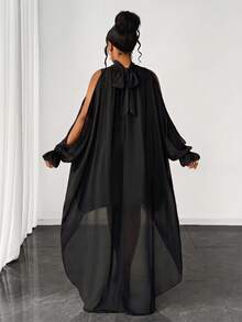 Maweii Plus Size Solid Color Asymmetric Hem Elegant Mandarin Collar Dress Fall - Black - View 2