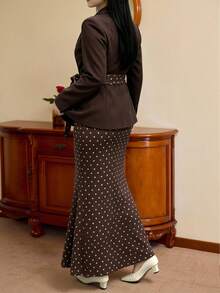 SHEIN Clasi Brown Suit Polka Dot Mermaid Skirt With Single-Breasted Two-Button Same-Color Round Buttons, Symmetrical Front Patch Pockets Design, Vintage Commuter Details Plus Size 2 Pieces Set - Coffee Brown - View 2