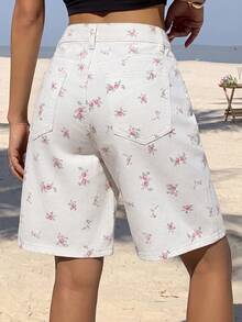 SHEIN PETITE 女款碎花口袋寬鬆休閒百慕大牛仔短褲 - 彩色 - 查看 5