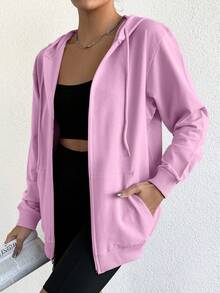 EURMUSE 100%Cotton Solid Zip Up Drawstring Hoodie - Baby Pink - View 1