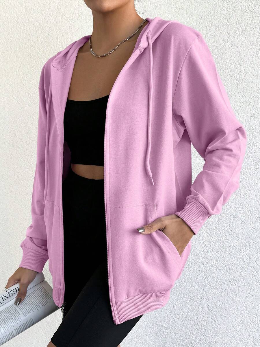 EURMUSE 100%Cotton Solid Zip Up Drawstring Hoodie - Baby Pink - View 1
