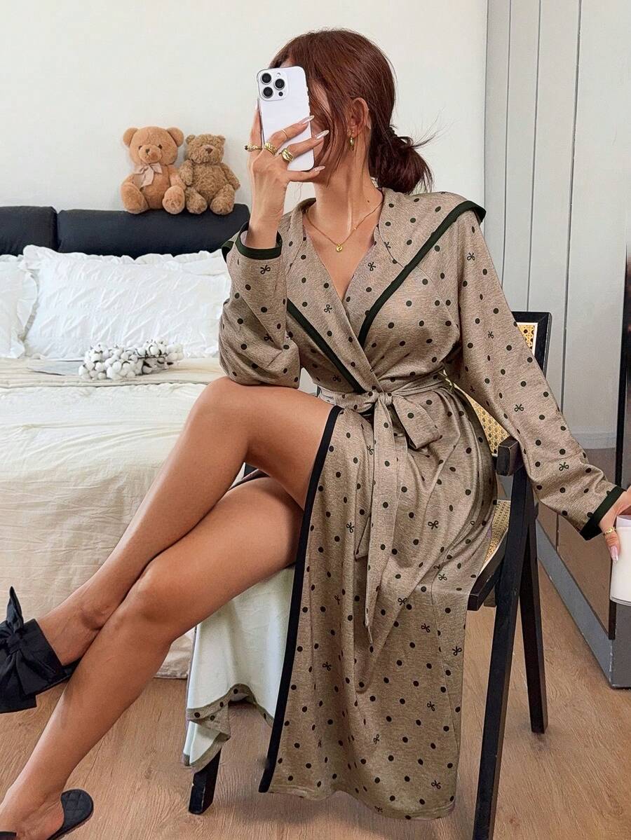 Napfluff Cute Bow Polka Dot Print Mid-Length Hooded Robe - Multicolor - View 1