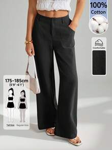 SHEIN Tall 100%水洗棉低腰直筒長褲，適合高個女性 - 黑色 - 查看 5