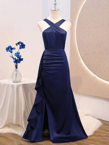 Teen Elegant Luxurious Summer Navy Blue Satin Halter Neck Fitted Dress, Suitable For Evening Party, Banquet, Christmas, Wedding, Flower Girl, Prom, Vacation, Graduation Season, Back To School And Other Occasions - Navy Blue - View 9