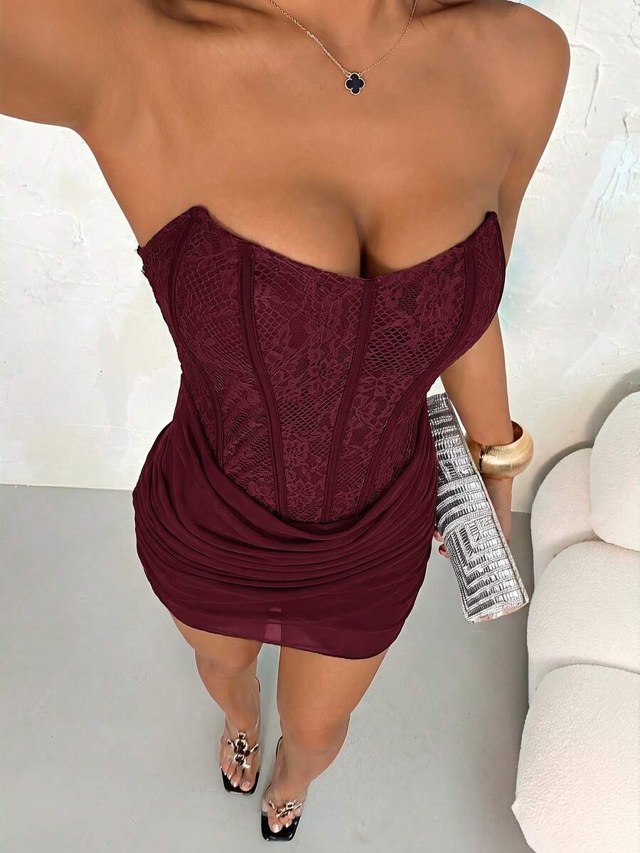 SHEIN PETITE Women's Standard Size Bandeau Lace Ruffle Sexy Dress - Burgundy - View 1