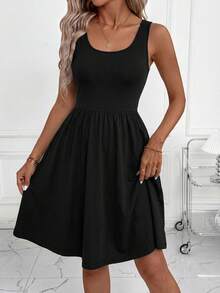 SHEIN Clasi 女款素色百褶休閒日常夏季洋裝 - 黑色 - 查看 5