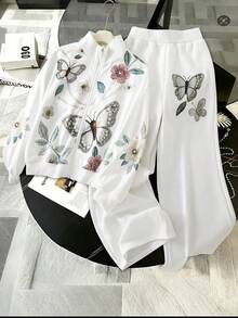 SHEIN Tween Girls 2pcs/Set Fall Set Floral Butterfly Zip Jacket Wide Leg Pants Outfit, Cute, Casual - White - View 5