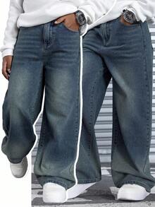 SHEIN Kids Tween Boy Wide Leg Loose Casual Versatile Denim Jeans With Pockets - Dark Wash - View 1