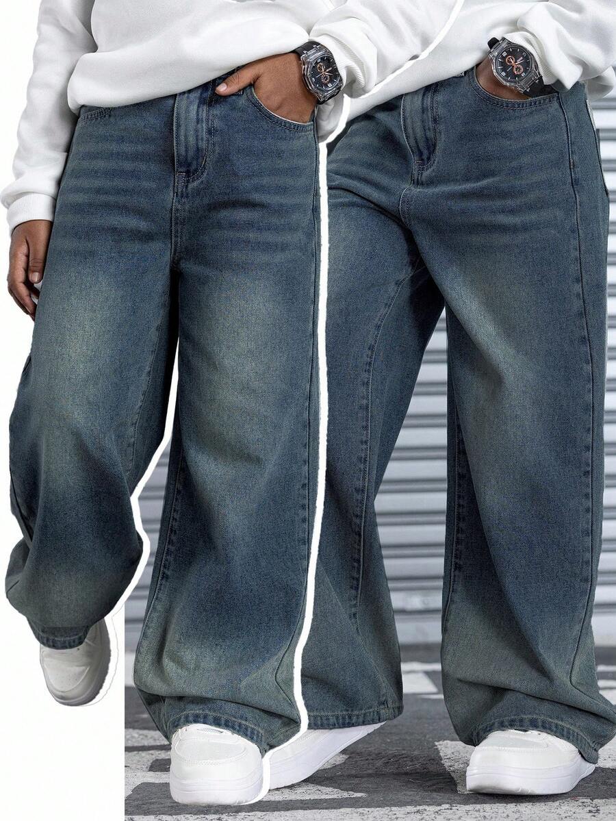 SHEIN Kids Tween Boy Wide Leg Loose Casual Versatile Denim Jeans With Pockets - Dark Wash - View 1