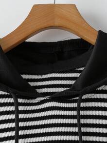 Linhara Plus Size Women's Elegant Casual Hooded Striped Color Block Patchwork Dress, Slimming Minimalist Straight Cut, Daily Commute Sports Autumn Fall - Black and White - View 3