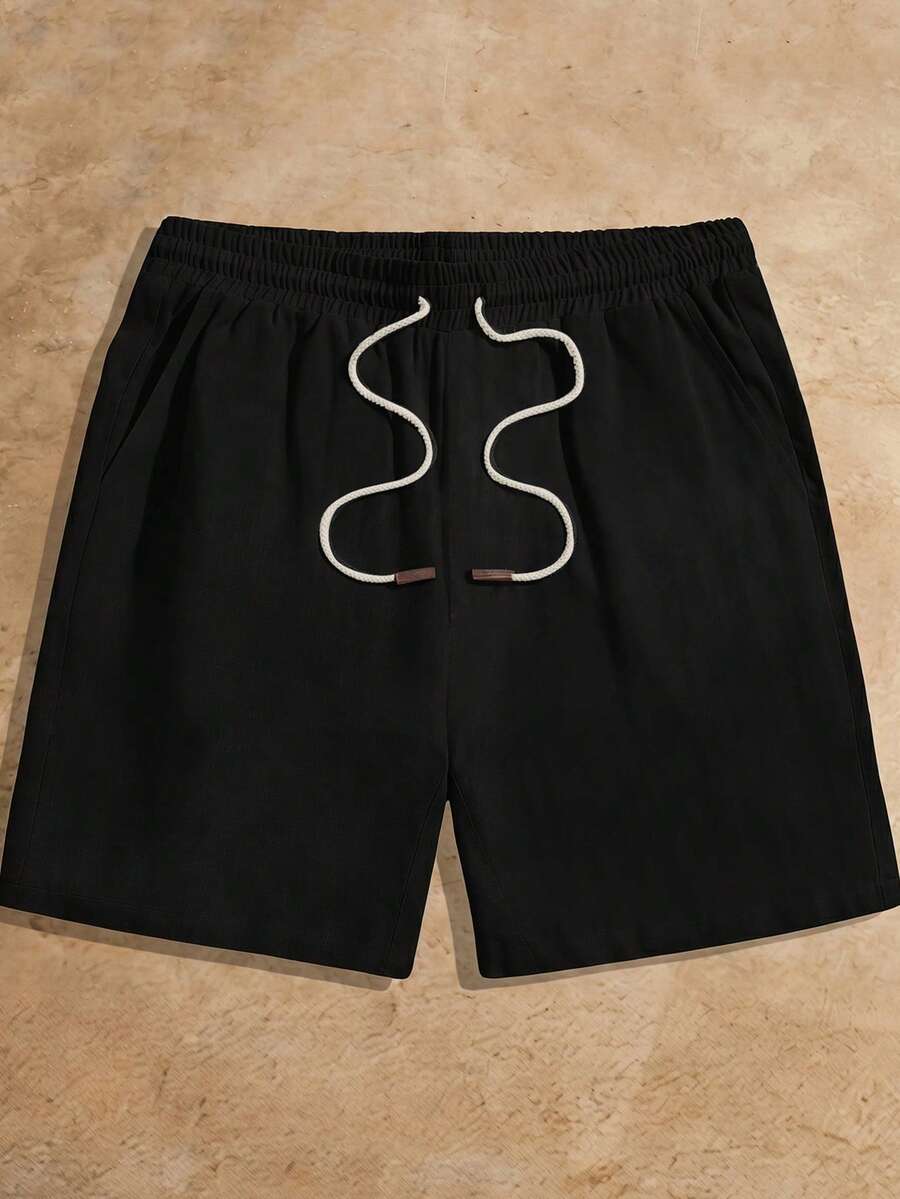 HIMLAND 男士休閒夏季度假黑色亞麻短褲,鬆緊抽繩腰頭斜口袋沙灘短褲,輕量透氣寬鬆版型下身,足球 - 黑色 - 查看 1