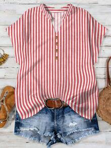 EMERY ROSE Plus Size Women Striped V-Neck Blouse With Cutout Sleeves, Minimalist Commuter Style - Multicolor - View 1