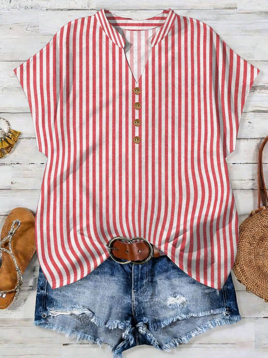 EMERY ROSE Plus Size Women Striped V-Neck Blouse With Cutout Sleeves, Minimalist Commuter Style - Multicolor - View 1