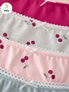 5pcs Fresh Contrast Color Cherry Print Girls Panties Set - Multicolor - View 4