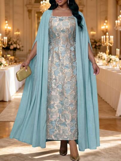 Fleurora Plus Size Elegant Party Cape Jacket & Jacquard Dress 2 Pieces Set