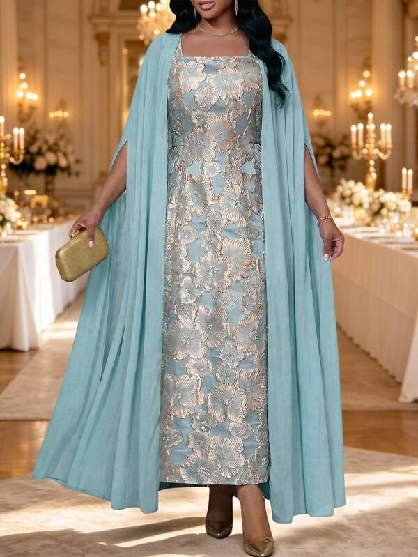 Fleurora Plus Size Elegant Party Cape Jacket & Jacquard Dress 2 Pieces Set