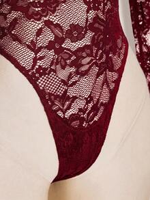 SHEIN ICON 女款蕾絲露肩性感百搭長袖連身衣 - 酒紅色 - 查看 8