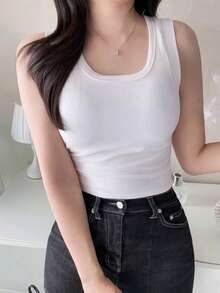 FRIFUL Women's Solid Color Criss-Cross Back Tank Top With Padded Cups Cute Tops - White - View 4