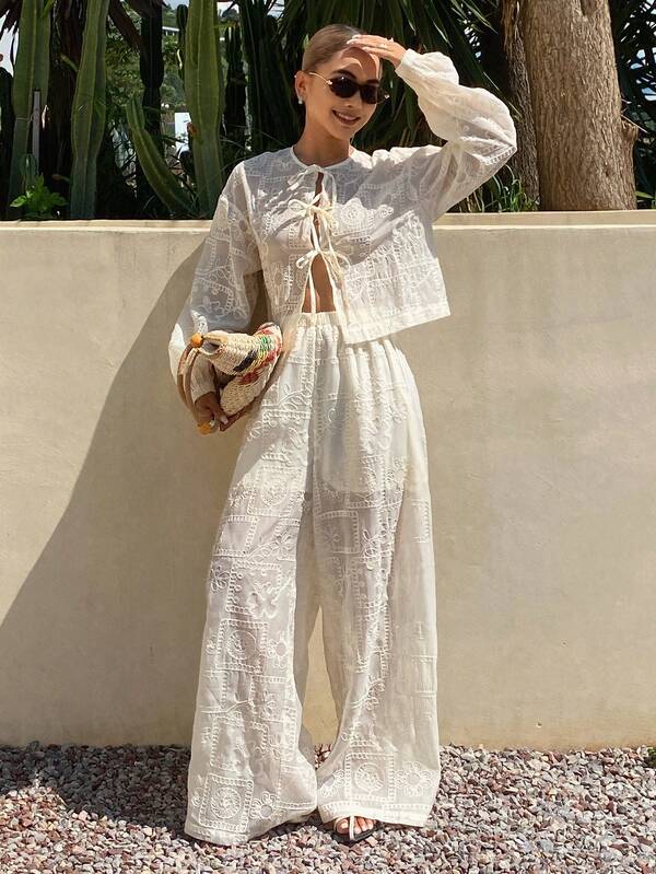 Livesso Women's French Embroidery Tie-Up Top And Loose Pants 2 Pieces Set