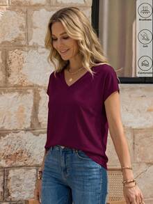 Omancia Women's Solid Color V-Neck Short Sleeve Casual Versatile T-Shirt - Red Violet - View 3