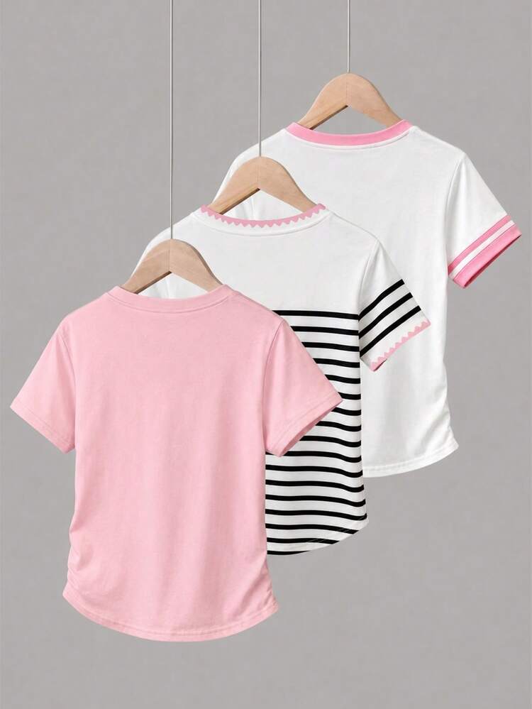 Tween Girls Simple Cute Casual Ruched Waist 3 PiecesT-Shirt Set Back-To-School School White Black And White Striped Brown Black Pink Summer - White - View 2