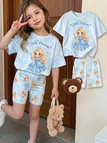 Set Kaos dan Celana Pendek Ketat Bersepeda Motif Putri Salju, Bintang, dan Hati untuk Anak Perempuan - MultiWarna - View 2