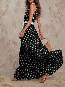 Solivie Women's Polka Dot Deep V-Neck Fashion Party Vacation Dress Black White Summer Boho Elegant - Black - View 7