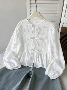 SHEIN 少女休閒極簡舒適圓領長袖蝴蝶結綁帶紋理布料襯衫返校穿搭 - 白色 - 查看 2