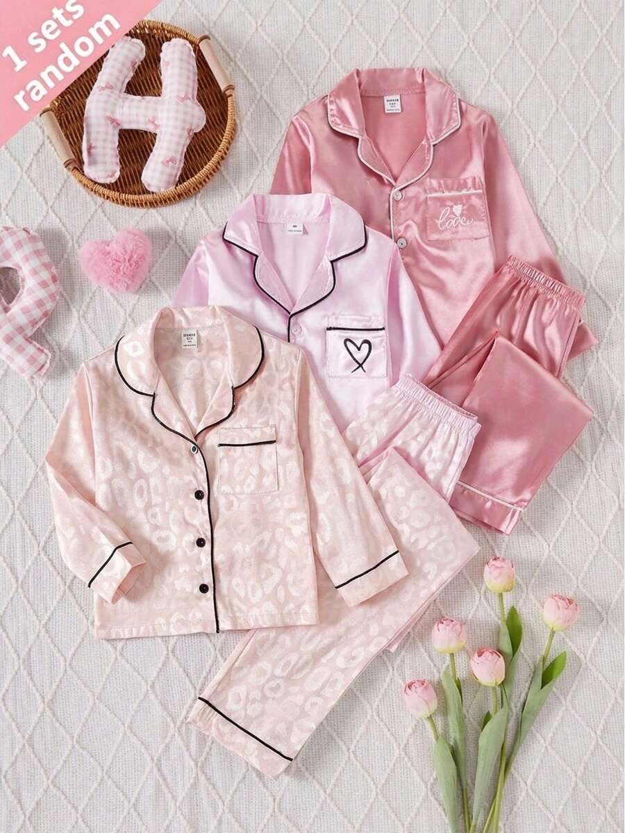 SHEIN 女童簡約休閒舒適緞面粉色素色圖案長袖居家服套裝 RANDOM3 SETS 隨機發 1 套