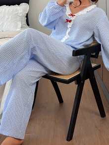 Dazy Plus Cute Plaid Loose Top And Pants 2-Piece Set, Blue Pajama Set For Spring And Autumn - Blue - View 3