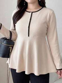 Dazy Plus Contrast Color Ribbed Long Sleeve Cinched Waist Loose Casual Slimming Versatile Spring Summer Autumn T-Shirt - Apricot - View 2