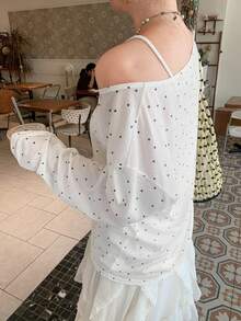 Dazy Plus White Polka Dot Crew Neck Long Sleeve Loose Fit Pullover Casual T-Shirt For Girls, Spring Summer Autumn Cute Tops Brunch Morning Fall - White - View 5