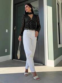 Yohana Edit Blusa elegante con volantes desmontables de gasa de color crema y hilo de plata, adecuada para ir al trabajo, citas y uso diario en primavera/verano - Negro - Ver 6
